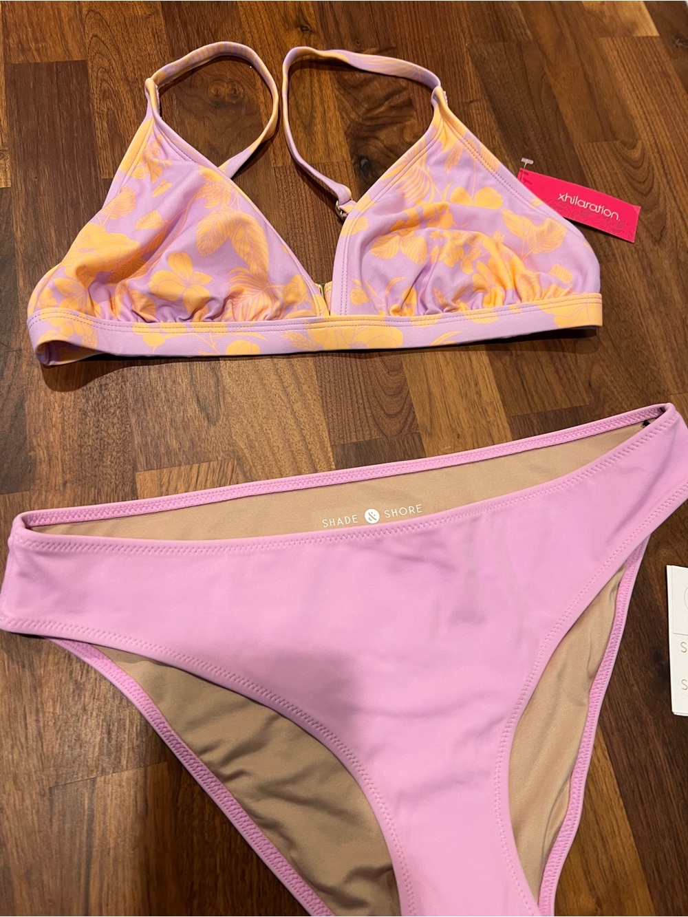 Shade & Shore Lavender and Neon Peach Hawaiian Floral Triangle Bikini Set DD